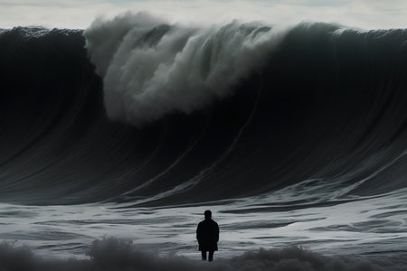 Fantasy landscape with stormy ocean and a man standing on a cliffの素材