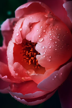 Beautiful pink peony flower with dew drops close-upの素材