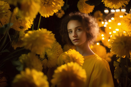 Portrait of a beautiful young woman in a yellow dress among yellow flowers.の素材