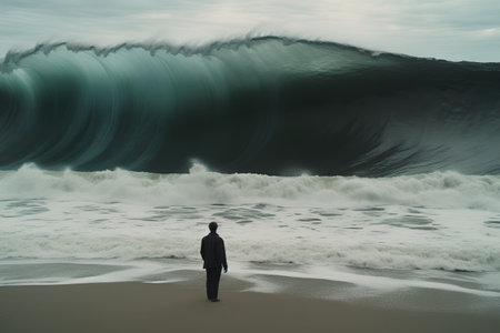 Businessman standing on the beach with big wave. 3D renderingの素材