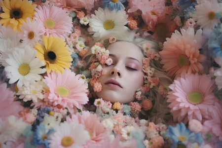 Portrait of a beautiful young woman with flowers in her hair.の素材
