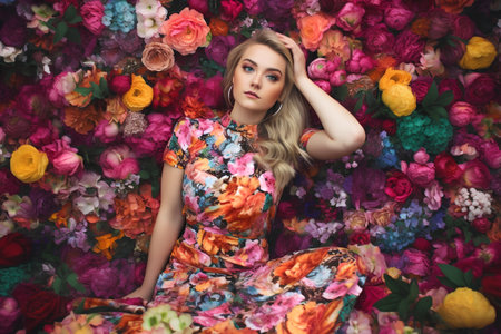 Fashion shot of a beautiful woman posing over colorful floral background.の素材