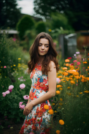 Portrait of a beautiful young woman with long brown hair in a floral dress in the gardenの素材