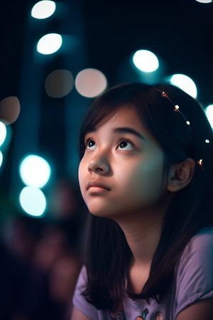 Portrait of little asian girl looking at camera with bokeh backgroundの素材