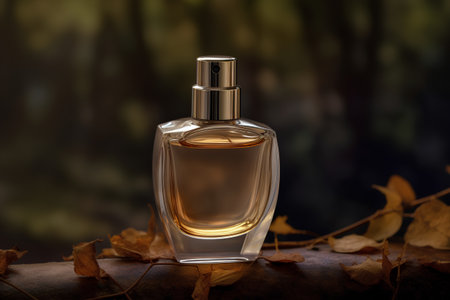 Perfume bottle with autumn leaves on wooden background. 3d renderの素材