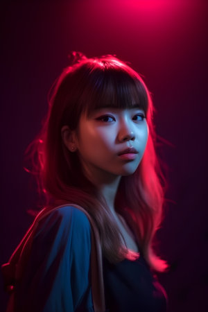 Portrait of a beautiful young asian woman in red light.の素材