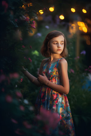 Portrait of a beautiful young girl in a dress on the background of a blooming garden.の素材
