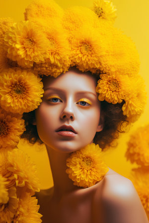 beautiful young african american woman with yellow flowers in hairの素材