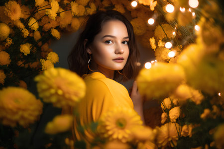 Portrait of beautiful young woman in yellow dress surrounded by flowers.の素材