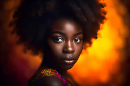 Beautiful african american woman with afro hairstyle on fire backgroundの素材
