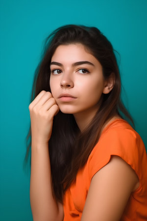 Portrait of a beautiful young woman in orange dress on blue backgroundの素材