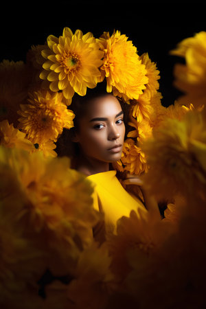 Beautiful african american woman with yellow flowers in studio.の素材