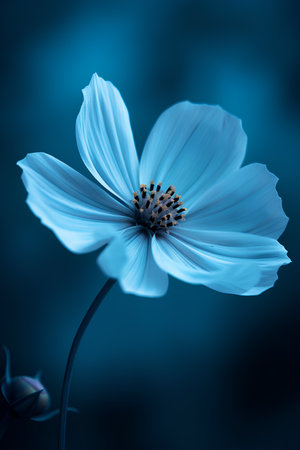 Beautiful blue cosmos flower on a blue background. Close-up.の素材