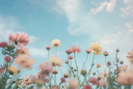 summer background with cosmos flowers and blue sky, retro tonedの素材