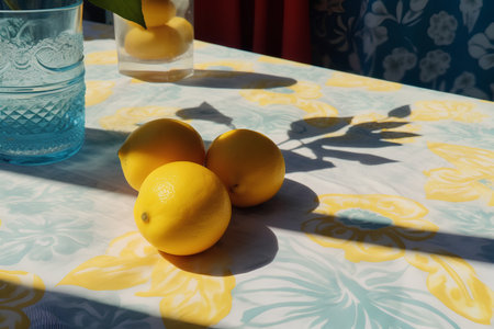 Still life with lemons on a table in the sunlight. Selective focus.の素材
