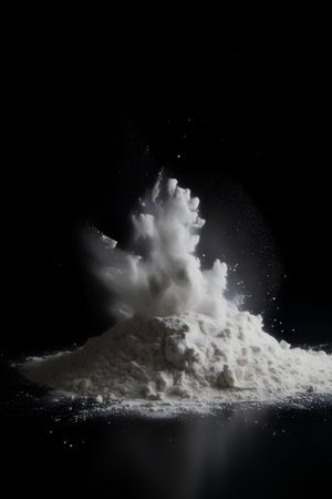 Pile of white flour on black background. Shallow depth of fieldの素材