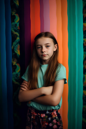 Portrait of a little girl in a turquoise shirt.の素材