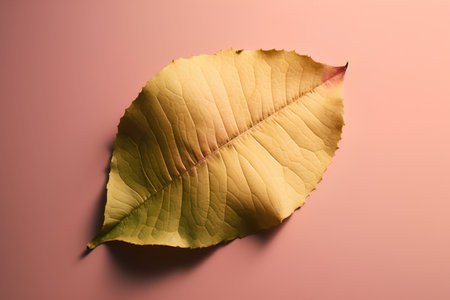 Autumn leaf on pink background. Minimal autumn concept. Flat lay.の素材