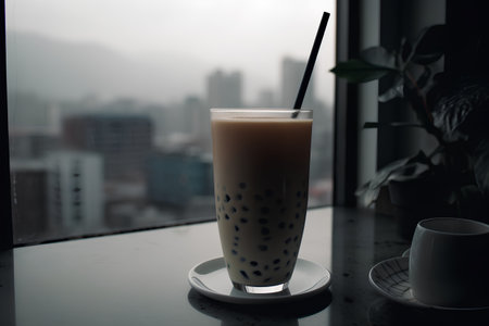 Iced Thai Milk Tea with Bubbles in a Glass on the Table with Cityscape Backgroundの素材