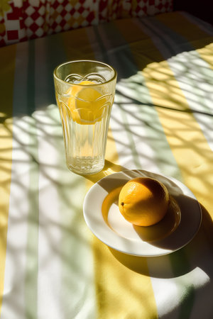 Glass of water with lemon and ice cubes on the table in sunlightの素材
