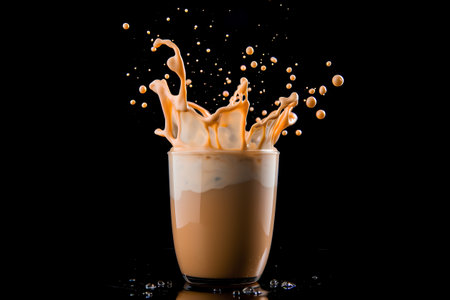 Splash of milk in a glass of coffee on a black backgroundの素材