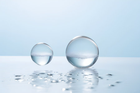 Water droplets and air bubbles on a blue background with reflection.の素材