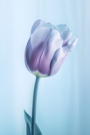 Beautiful purple tulip flower on blue background. Toned.の素材