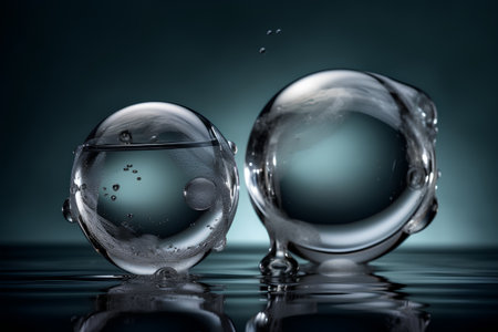 abstract scene with water drops and glass ball on dark blue backgroundの素材