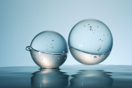 Water drops in water on a blue background. 3d rendering.の素材