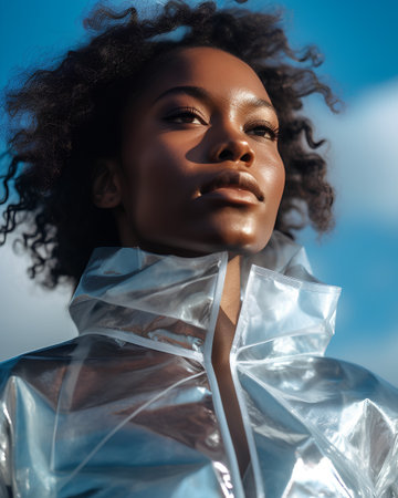 Beautiful african american woman in silver latex jacket on blue sky backgroundの素材