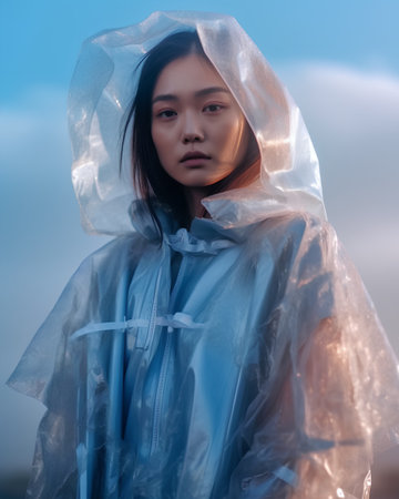 Portrait of a beautiful asian woman in the raincoat and raincoatの素材