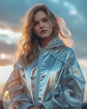Fashion portrait of a beautiful young blonde woman in a blue raincoat on the background of the sunset.の素材