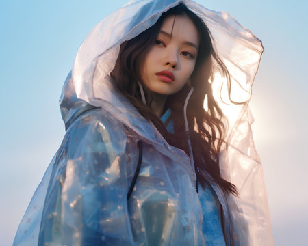Young beautiful asian woman in raincoat on blue sky background.の素材