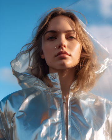 Portrait of a beautiful girl in a blue raincoat on the background of the blue skyの素材