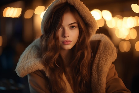 Beautiful young woman in winter coat and hood over bokeh background.の素材
