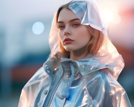 Portrait of a beautiful girl in a blue raincoat with a hood.の素材