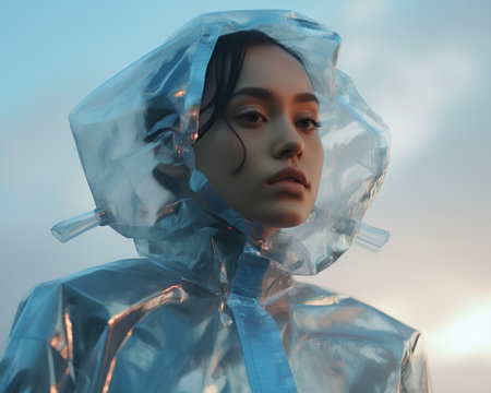 3d rendering of a girl in a plastic raincoat with a hoodの素材