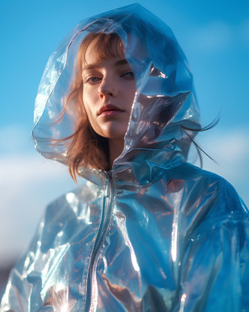 Portrait of a girl in a blue raincoat on a background of blue skyの素材