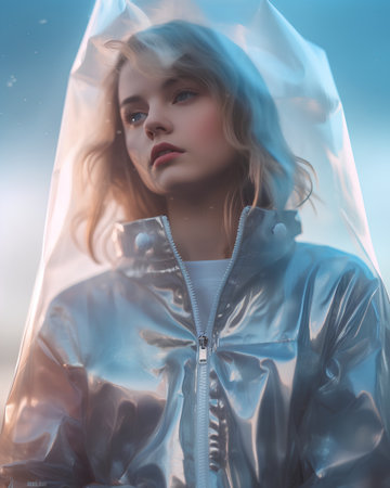 Portrait of a beautiful girl in a blue raincoat. Winter fashion.の素材