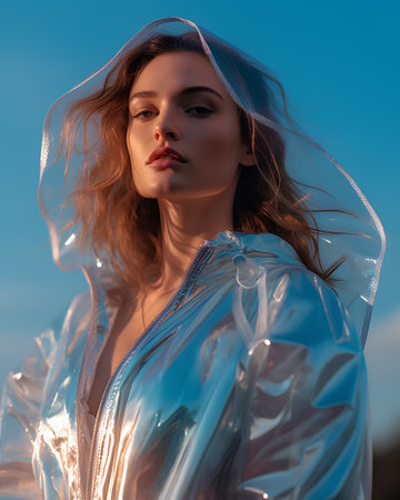 Portrait of beautiful young woman in raincoat on blue sky backgroundの素材