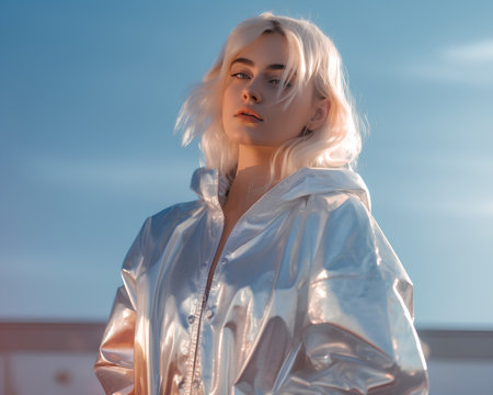 Beautiful girl in a silver raincoat on a background of blue skyの素材
