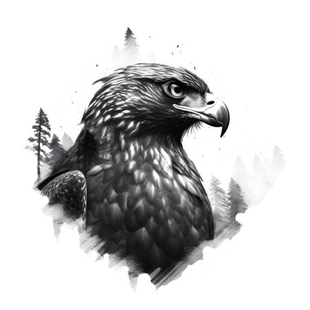 Eagle in the forest. Hand drawn illustration on white background.の素材