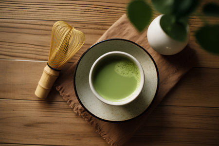Green matcha latte in a cup and whisk on a wooden tableの素材
