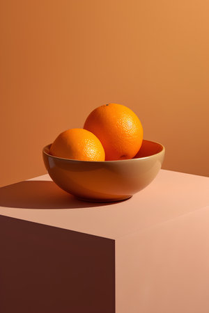 Three oranges in a bowl on a brown background. 3d renderingの素材
