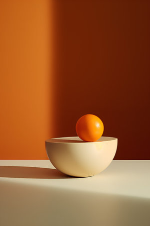3d render of orange fruit in a ceramic bowl on orange backgroundの素材
