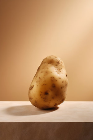 Potato on a wooden table against a beige background with copy spaceの素材