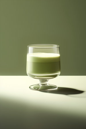 A glass of matcha latte on a green background with shadowsの素材