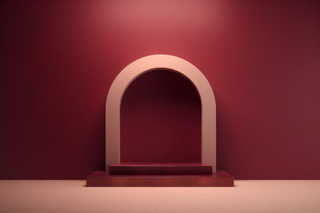 3d rendering of red podium for product presentation in minimal style with arch and shadow on the wallの素材