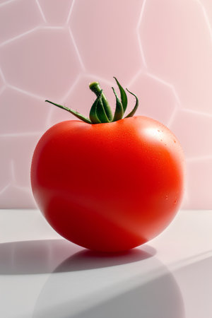 Tomato on white table with pink brick wall background. 3d illustrationの素材