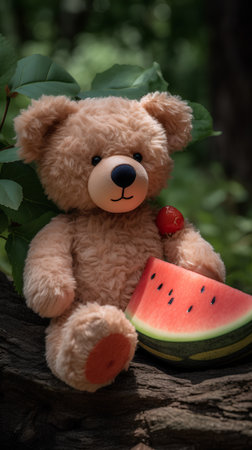 Teddy bear with watermelon on wooden background. Summer concept.の素材